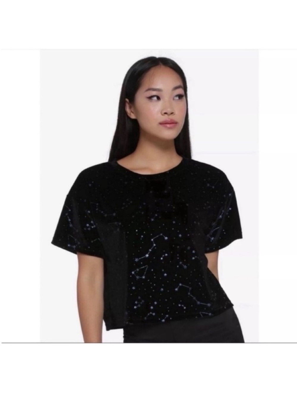 Hot topic velvet foil metallic star celestial constellation boxy crop top